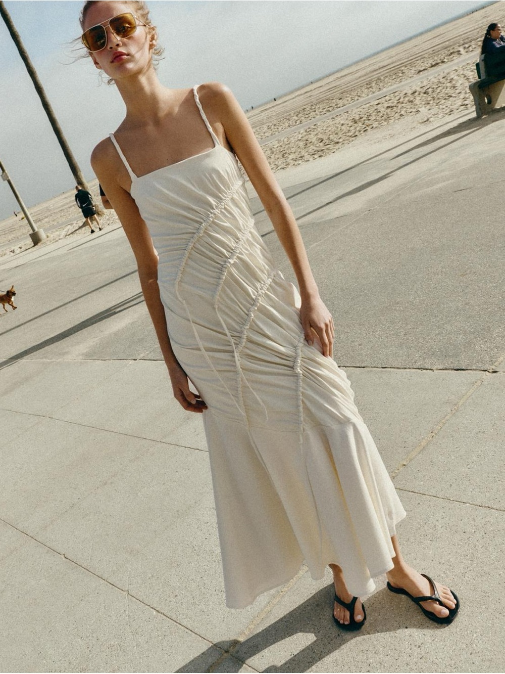 Zara Cream Ruched Maxi Slip Dress with Spaghetti Straps